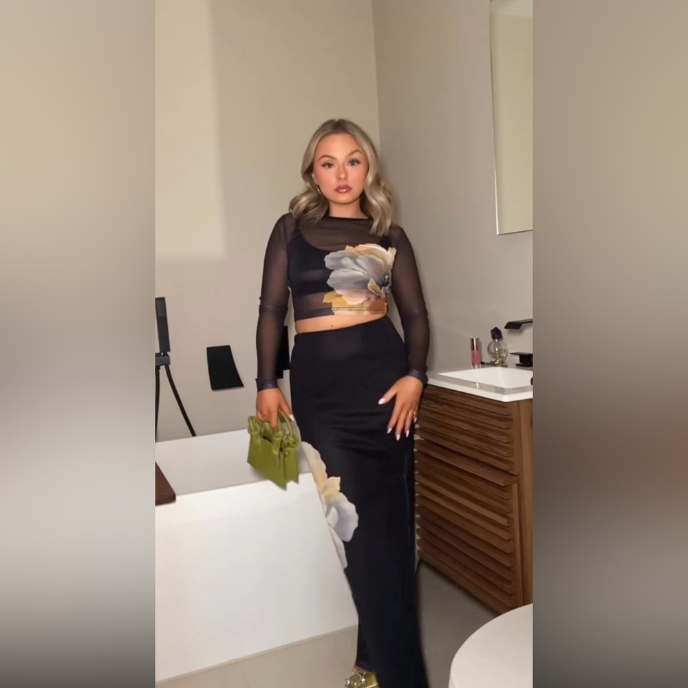 Floral Black Skirt Mesh top set